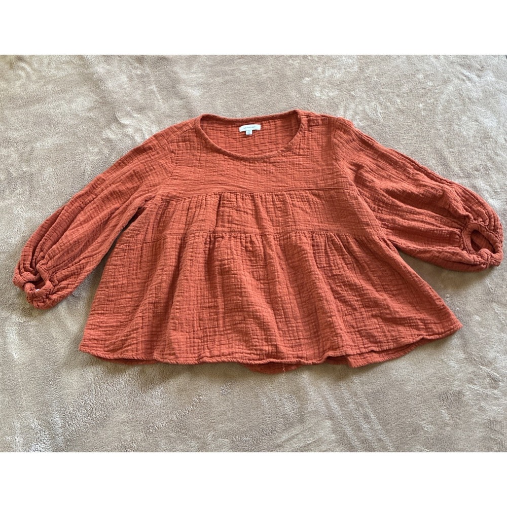 Women's‎ Top Small Orange Crinkle Gauze Babydoll Peplum Blouse Cottagecore Indie